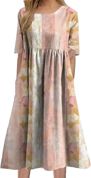 Womens Floral Maxi Dress Vintage Boho Stylish Floral Graphic Short Sleeve Summer Beach Sundress with Pockets