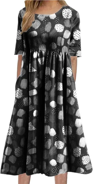 Womens Floral Maxi Dress Vintage Boho Stylish Floral Graphic Short Sleeve Summer Beach Sundress with Pockets