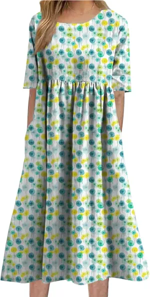 Womens Floral Maxi Dress Vintage Boho Stylish Floral Graphic Short Sleeve Summer Beach Sundress with Pockets