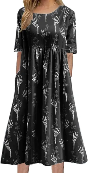 Womens Floral Maxi Dress Vintage Boho Stylish Floral Graphic Short Sleeve Summer Beach Sundress with Pockets