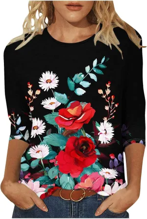 Women's Floral Tops Casual Loose 3/4 Sleeve Tshirts 2024 Summer Round Neck Dressy Blouse for Business Work Streetwear