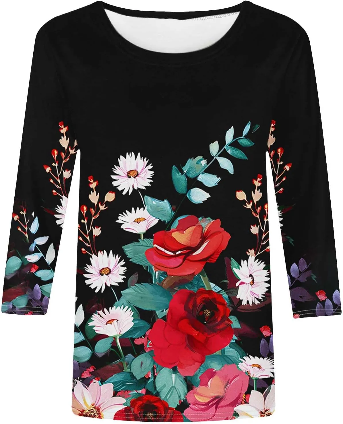 Women's Floral Tops Casual Loose 3/4 Sleeve Tshirts 2024 Summer Round Neck Dressy Blouse for Business Work Streetwear