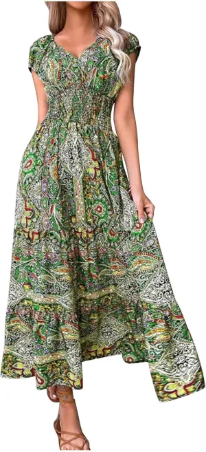 Women's Hawaiian Beach Maxi Dress Fashion Boho Print Dress Summer Casual Short Sleeve Dress Vacation Flowy Long Dress