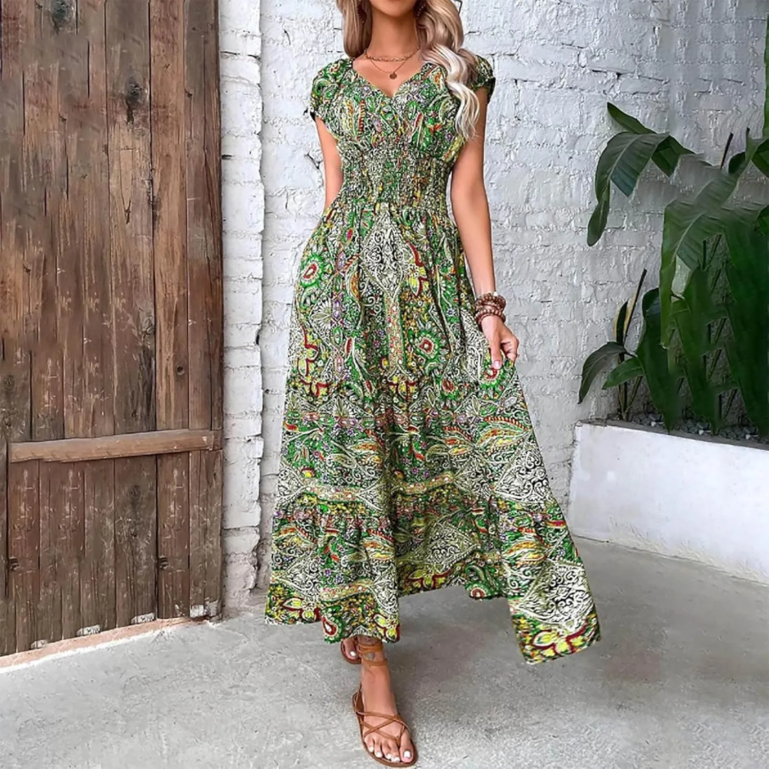 Women's Hawaiian Beach Maxi Dress Fashion Boho Print Dress Summer Casual Short Sleeve Dress Vacation Flowy Long Dress