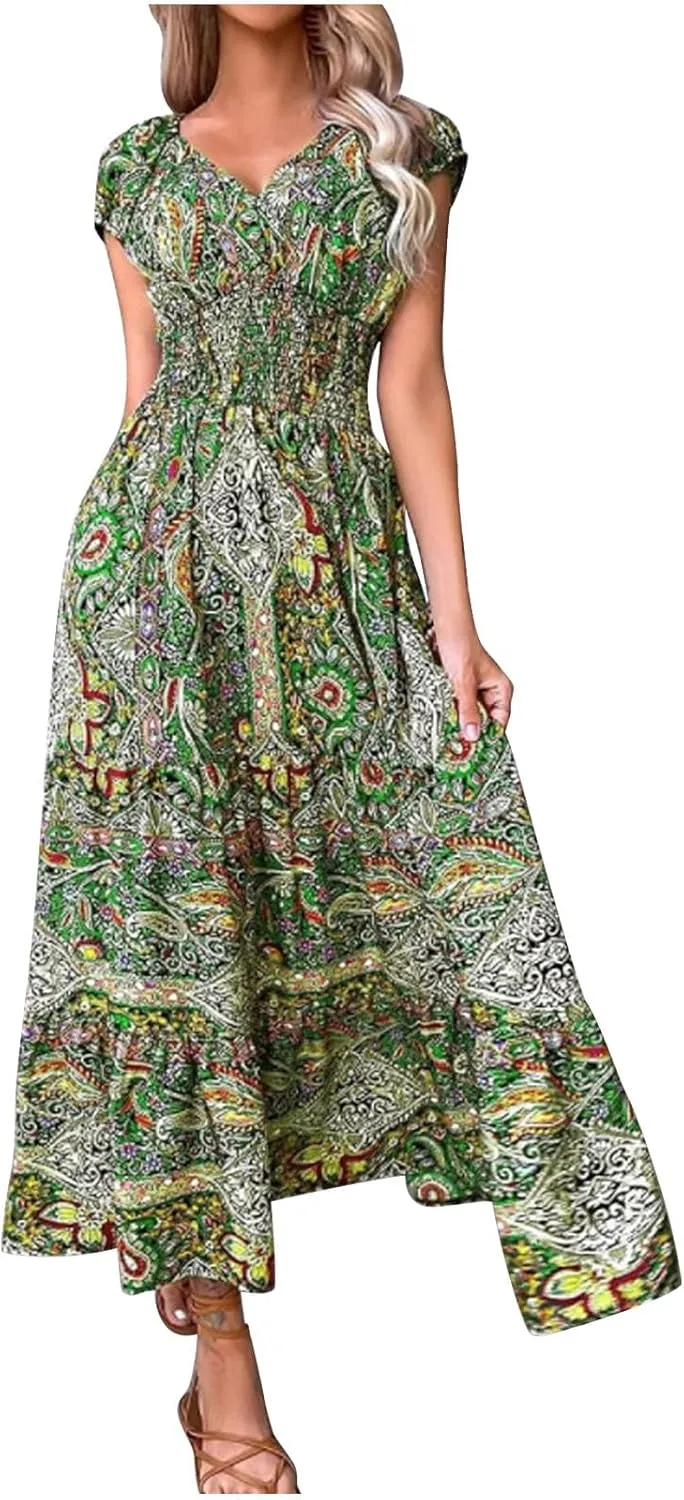 Women's Hawaiian Beach Maxi Dress Fashion Boho Print Dress Summer Casual Short Sleeve Dress Vacation Flowy Long Dress