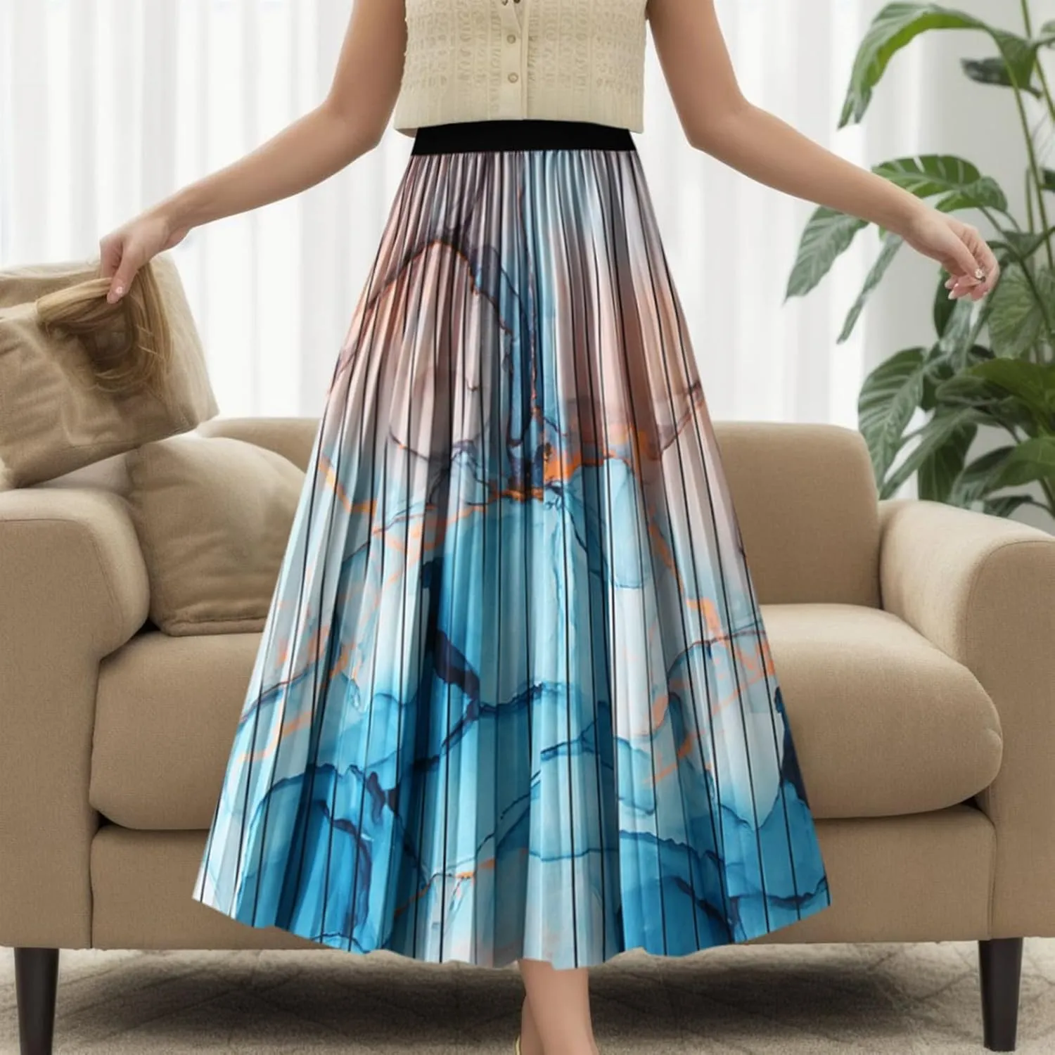 Women's High Waisted Pleated Skirt with Vintage Gradual Printing Versatile and Flattering Midi Skirt Womens Jean
