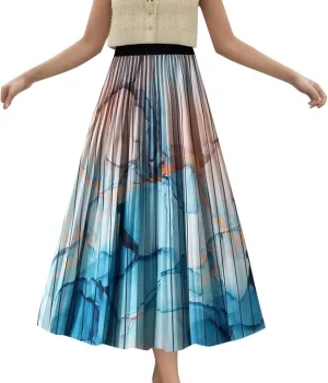 Women's High Waisted Pleated Skirt with Vintage Gradual Printing Versatile and Flattering Midi Skirt Womens Jean