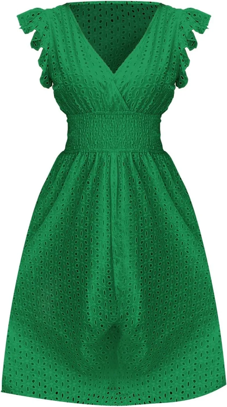 Women's Lace Jacquard Cutout Maxi Dress Summer Casual Boho Dress Ruffle Sleeve A Line Dresses Flowy Swing Sun Dress