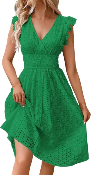 Women's Lace Jacquard Cutout Maxi Dress Summer Casual Boho Dress Ruffle Sleeve A Line Dresses Flowy Swing Sun Dress