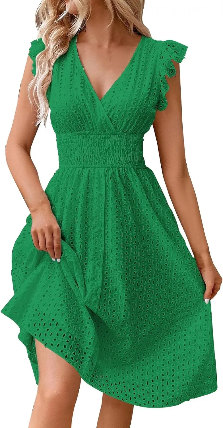 Women's Lace Jacquard Cutout Maxi Dress Summer Casual Boho Dress Ruffle Sleeve A Line Dresses Flowy Swing Sun Dress
