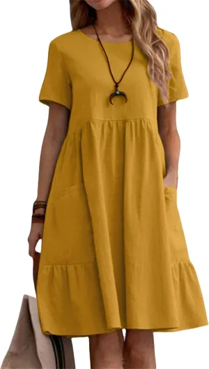 Womens Linen Dress Summer Crewneck Short Sleeve Dress Casual Loose Fit T Shirt Dresses Midi Dresses with Pocket 2025
