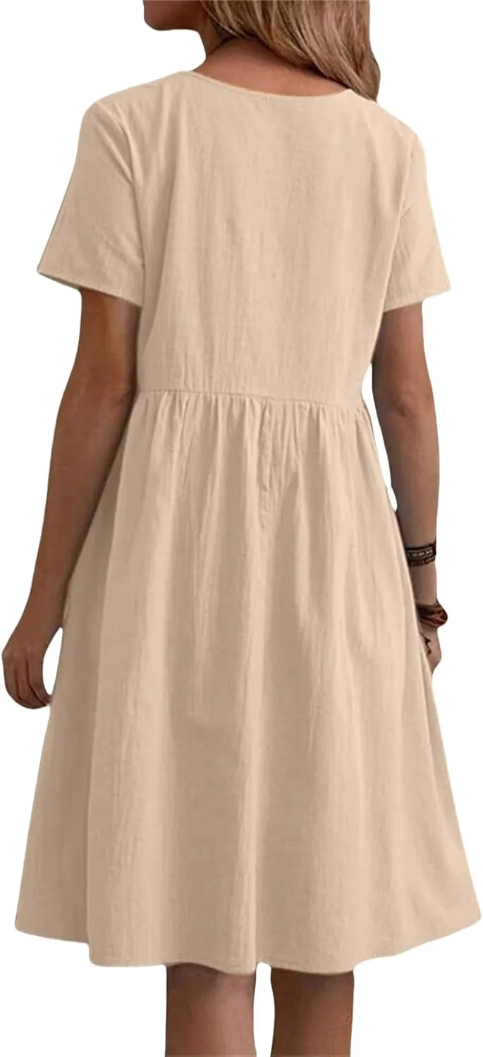 Womens Linen Dress Summer Crewneck Short Sleeve Dress Casual Loose Fit T Shirt Dresses Midi Dresses with Pocket 2025
