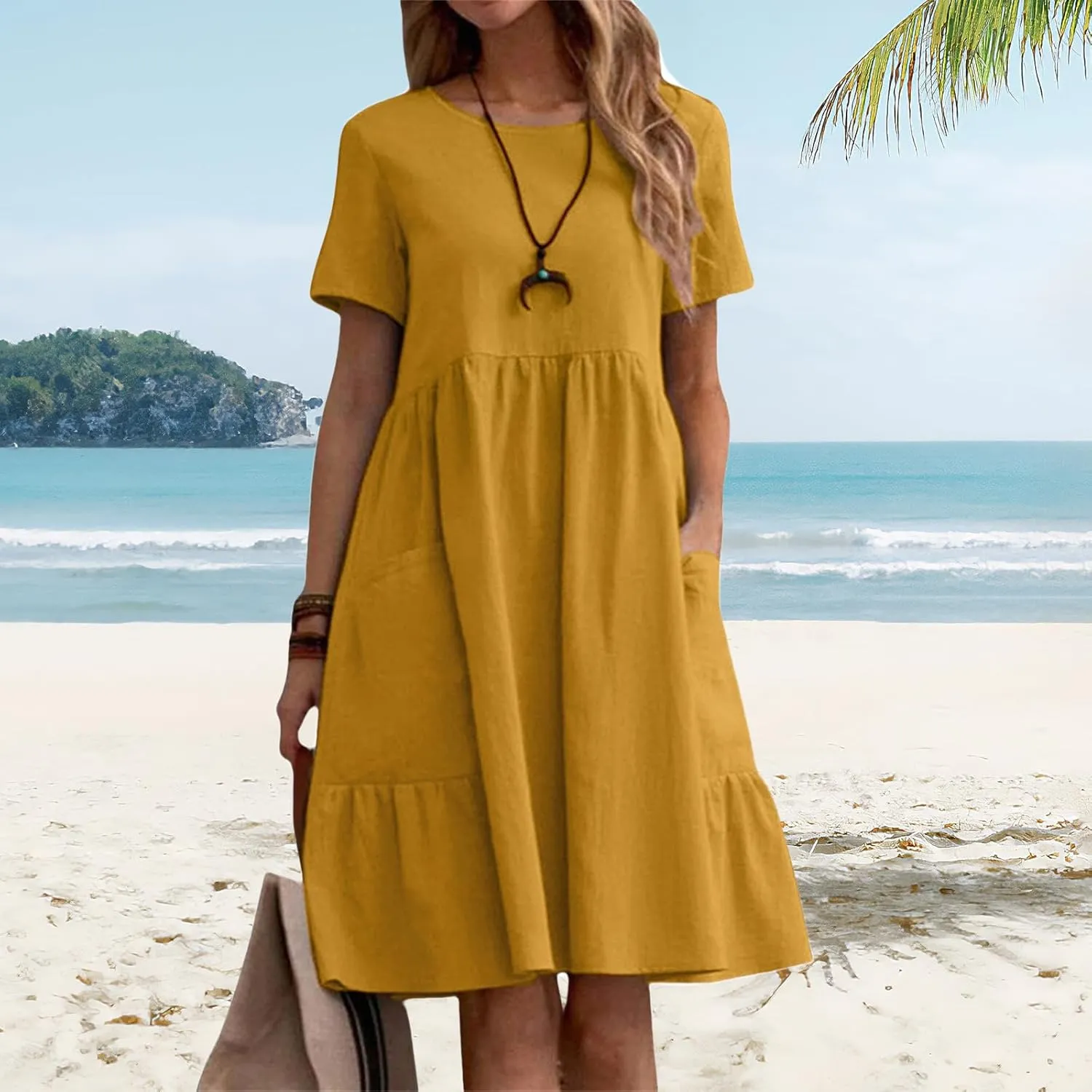 Womens Linen Dress Summer Crewneck Short Sleeve Dress Casual Loose Fit T Shirt Dresses Midi Dresses with Pocket 2025