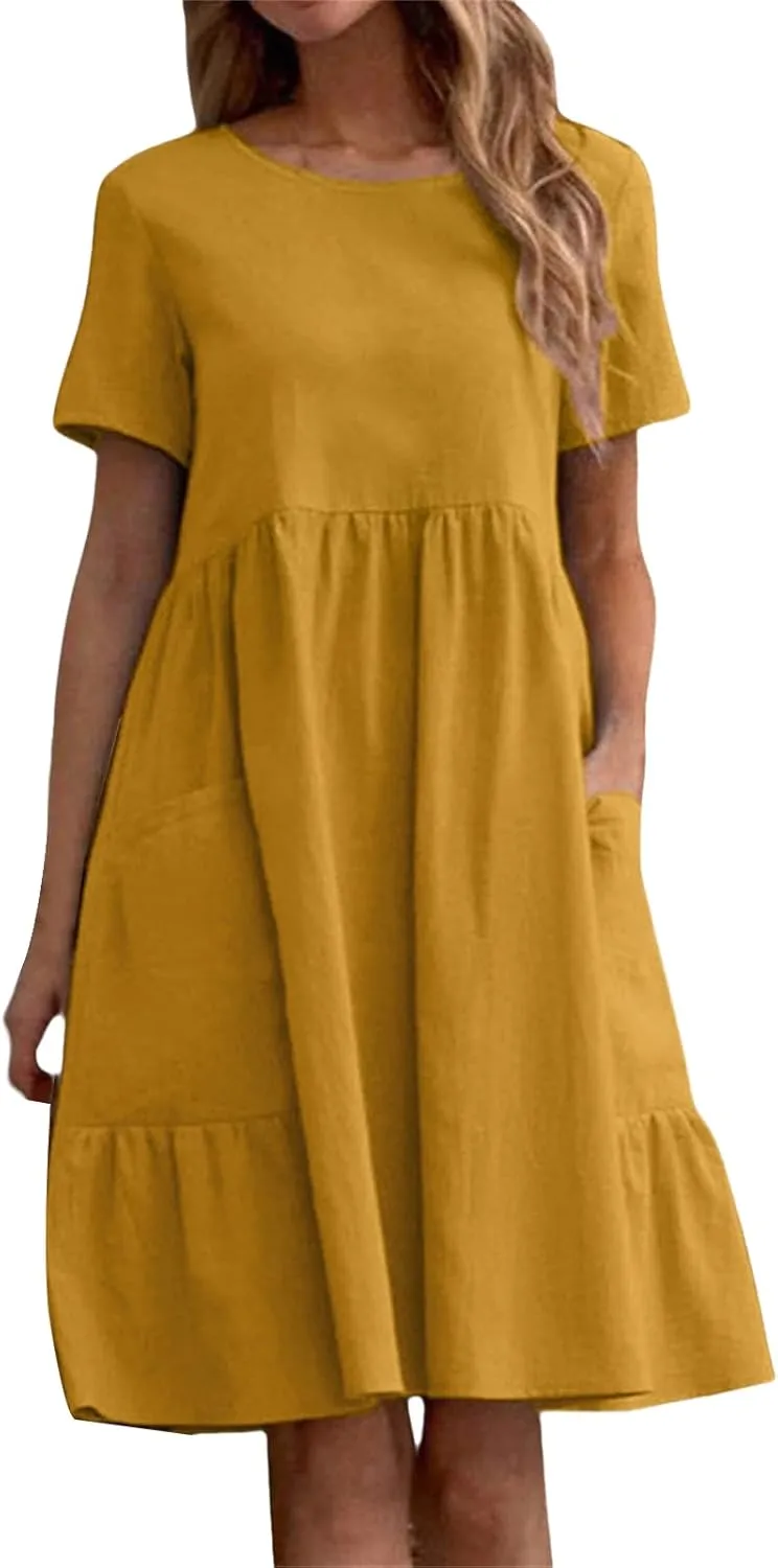 Womens Linen Dress Summer Crewneck Short Sleeve Dress Casual Loose Fit T Shirt Dresses Midi Dresses with Pocket 2025