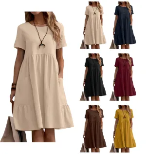 Womens Linen Dress Summer Crewneck Short Sleeve Dress Casual Loose Fit T Shirt Dresses Midi Dresses with Pocket 2025