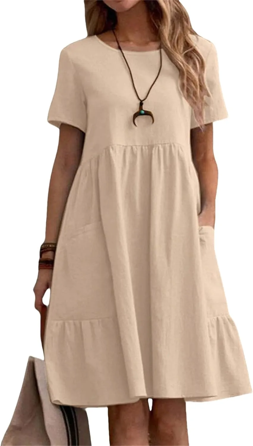 Womens Linen Dress Summer Crewneck Short Sleeve Dress Casual Loose Fit T Shirt Dresses Midi Dresses with Pocket 2025