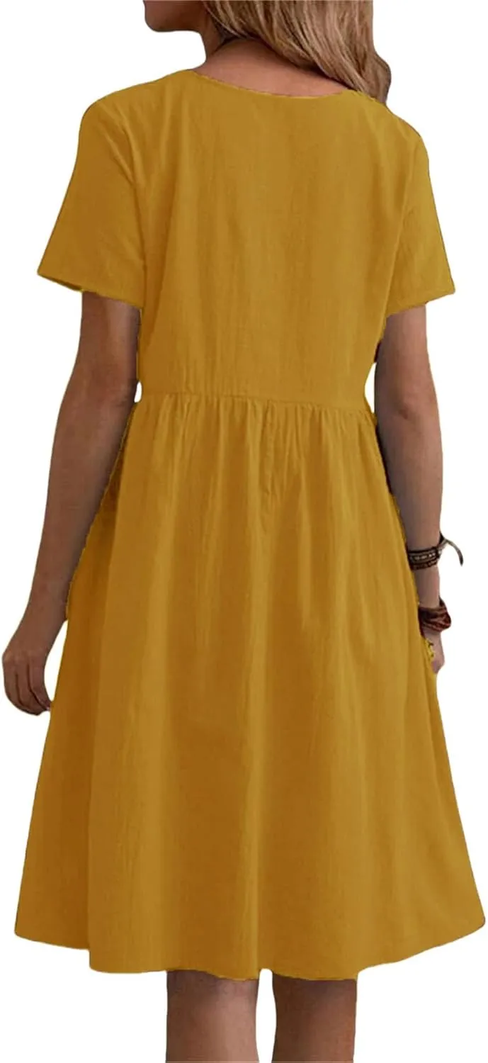 Womens Linen Dress Summer Crewneck Short Sleeve Dress Casual Loose Fit T Shirt Dresses Midi Dresses with Pocket 2025