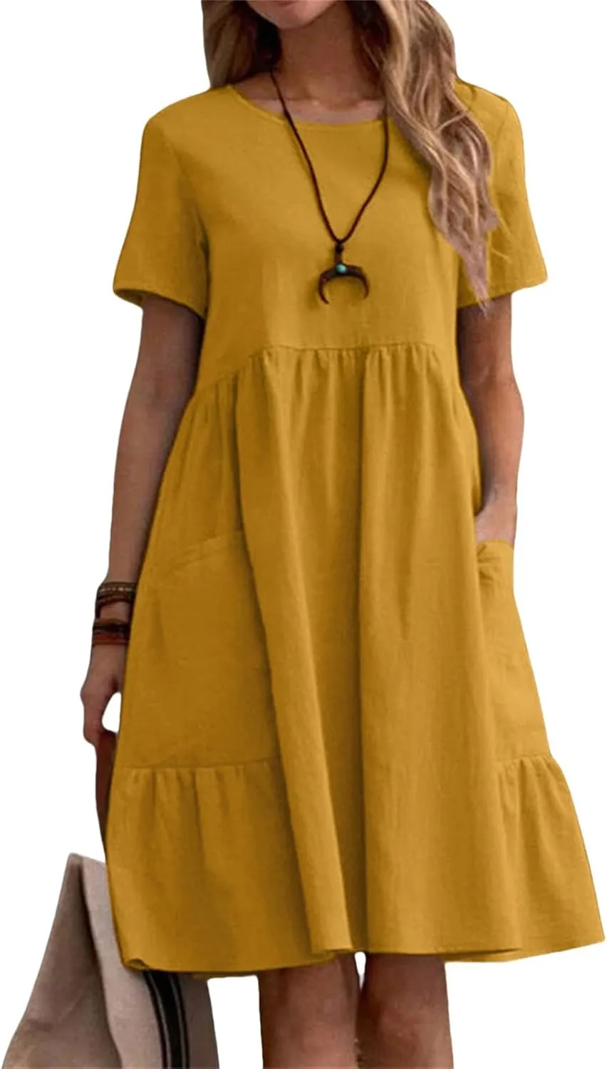 Womens Linen Dress Summer Crewneck Short Sleeve Dress Casual Loose Fit T Shirt Dresses Midi Dresses with Pocket 2025