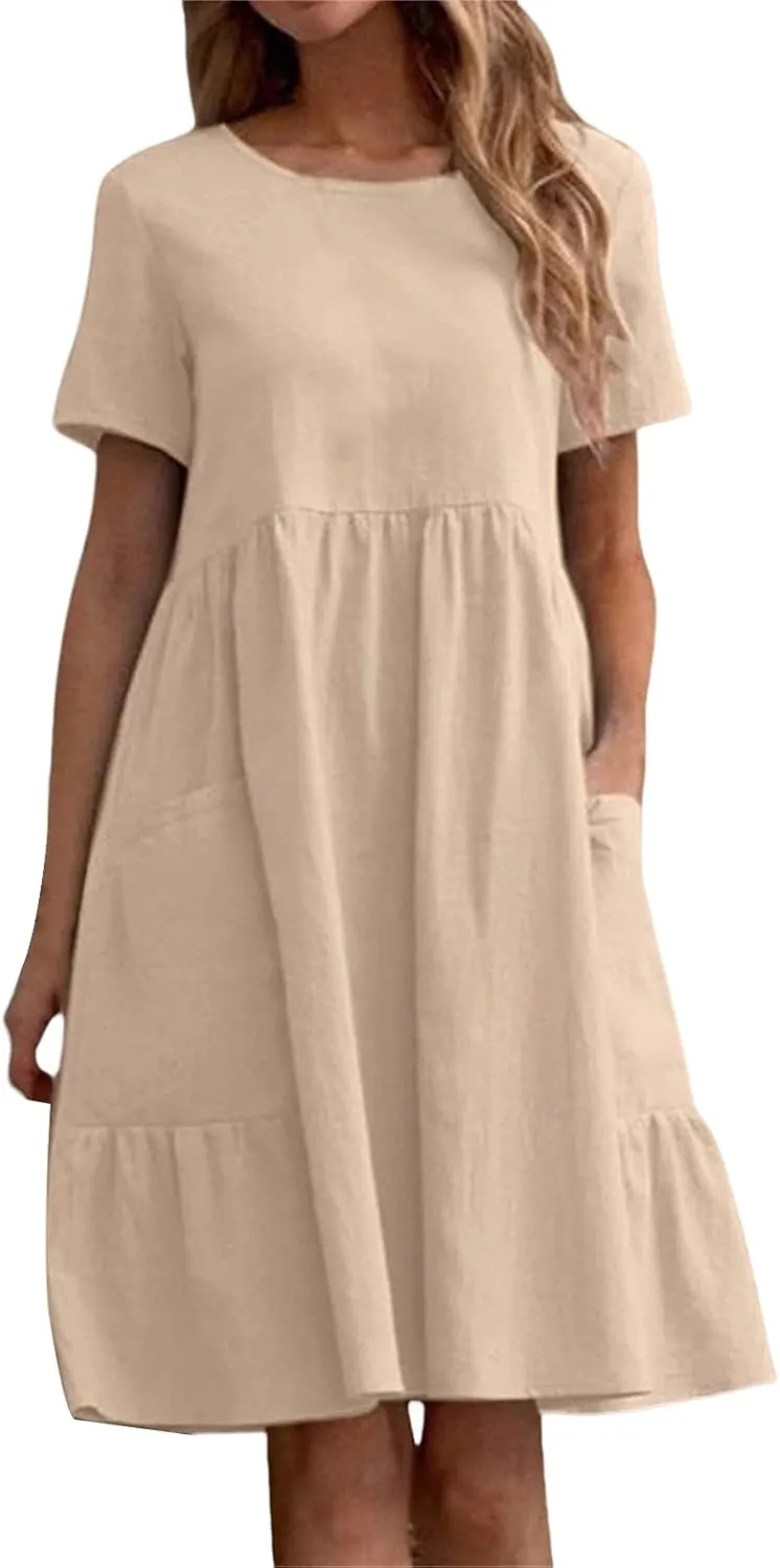 Womens Linen Dress Summer Crewneck Short Sleeve Dress Casual Loose Fit T Shirt Dresses Midi Dresses with Pocket 2025