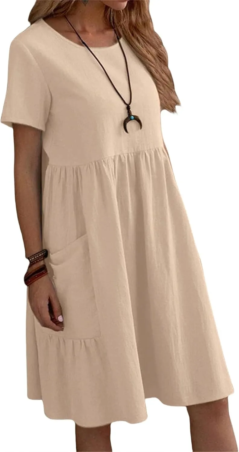 Womens Linen Dress Summer Crewneck Short Sleeve Dress Casual Loose Fit T Shirt Dresses Midi Dresses with Pocket 2025