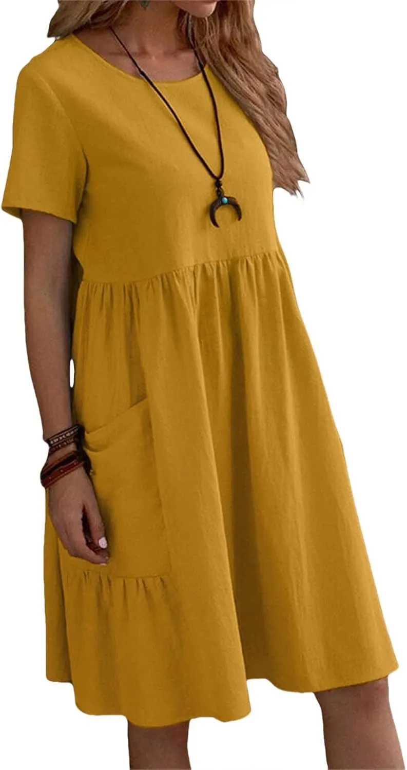 Womens Linen Dress Summer Crewneck Short Sleeve Dress Casual Loose Fit T Shirt Dresses Midi Dresses with Pocket 2025