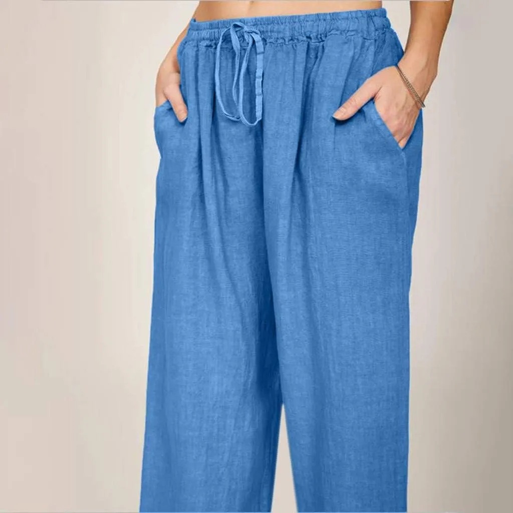 Womens Linen Pants Casual Loose Wide Leg Pants High Elastic Waist Drawstring Flowy Palazzo Pants Summer Beach Pants