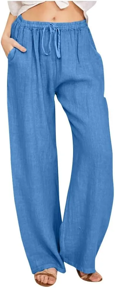 Womens Linen Pants Casual Loose Wide Leg Pants High Elastic Waist Drawstring Flowy Palazzo Pants Summer Beach Pants