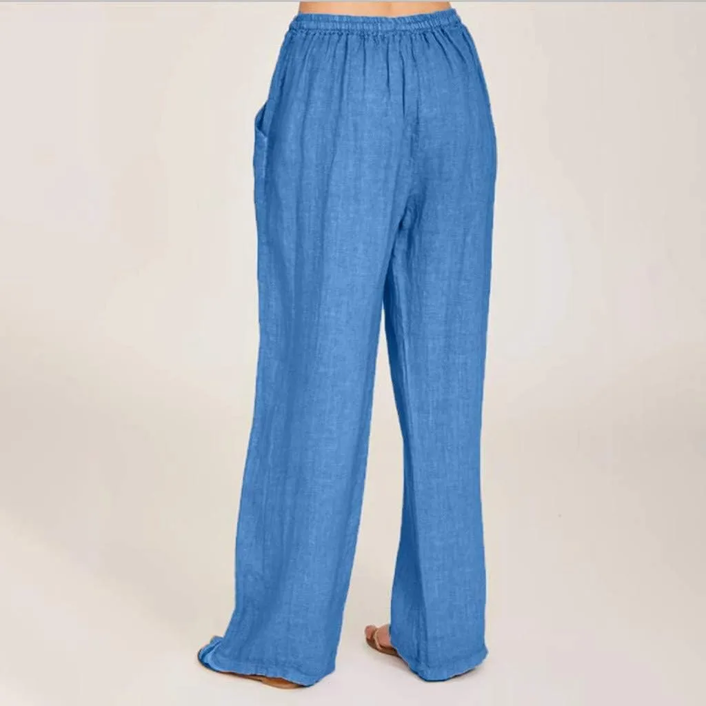 Womens Linen Pants Casual Loose Wide Leg Pants High Elastic Waist Drawstring Flowy Palazzo Pants Summer Beach Pants