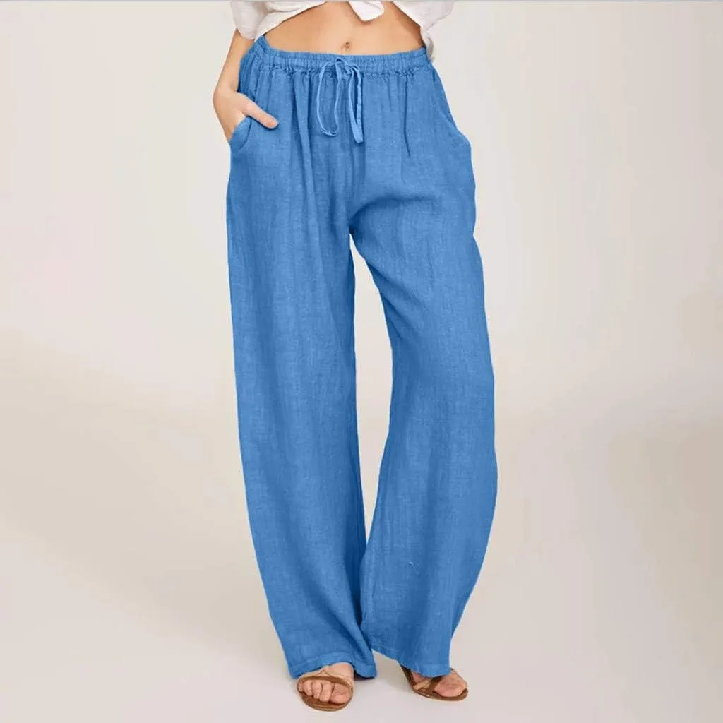Womens Linen Pants Casual Loose Wide Leg Pants High Elastic Waist Drawstring Flowy Palazzo Pants Summer Beach Pants
