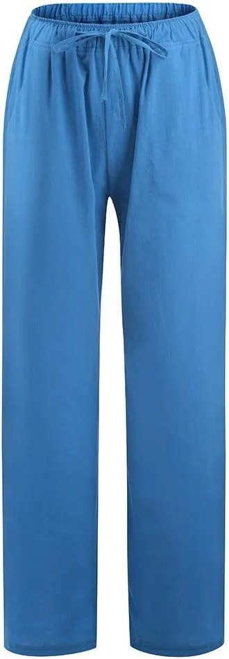 Womens Linen Pants Casual Loose Wide Leg Pants High Elastic Waist Drawstring Flowy Palazzo Pants Summer Beach Pants