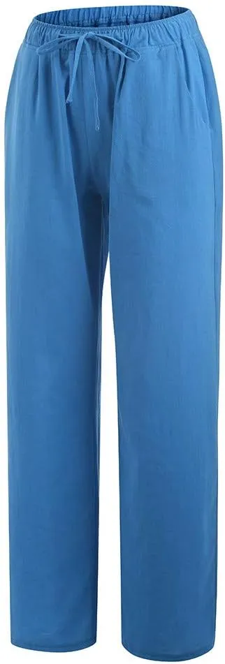 Womens Linen Pants Casual Loose Wide Leg Pants High Elastic Waist Drawstring Flowy Palazzo Pants Summer Beach Pants