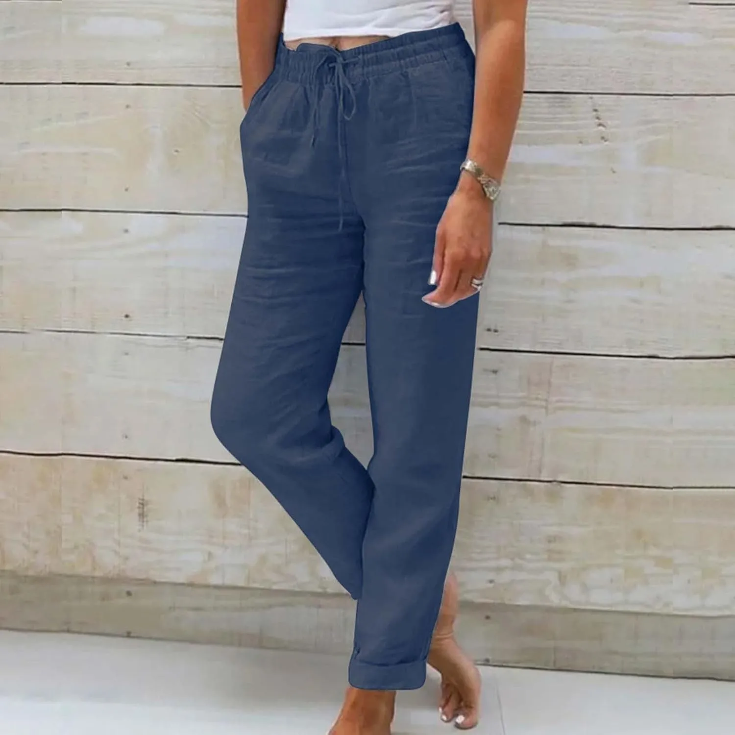 Womens Linen Pants Color Cotton Elastic Long Pants Beach Leisure Trousers Linen Business Work Casual Flowy
