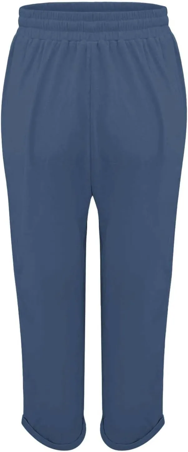 Womens Linen Pants Color Cotton Elastic Long Pants Beach Leisure Trousers Linen Business Work Casual Flowy