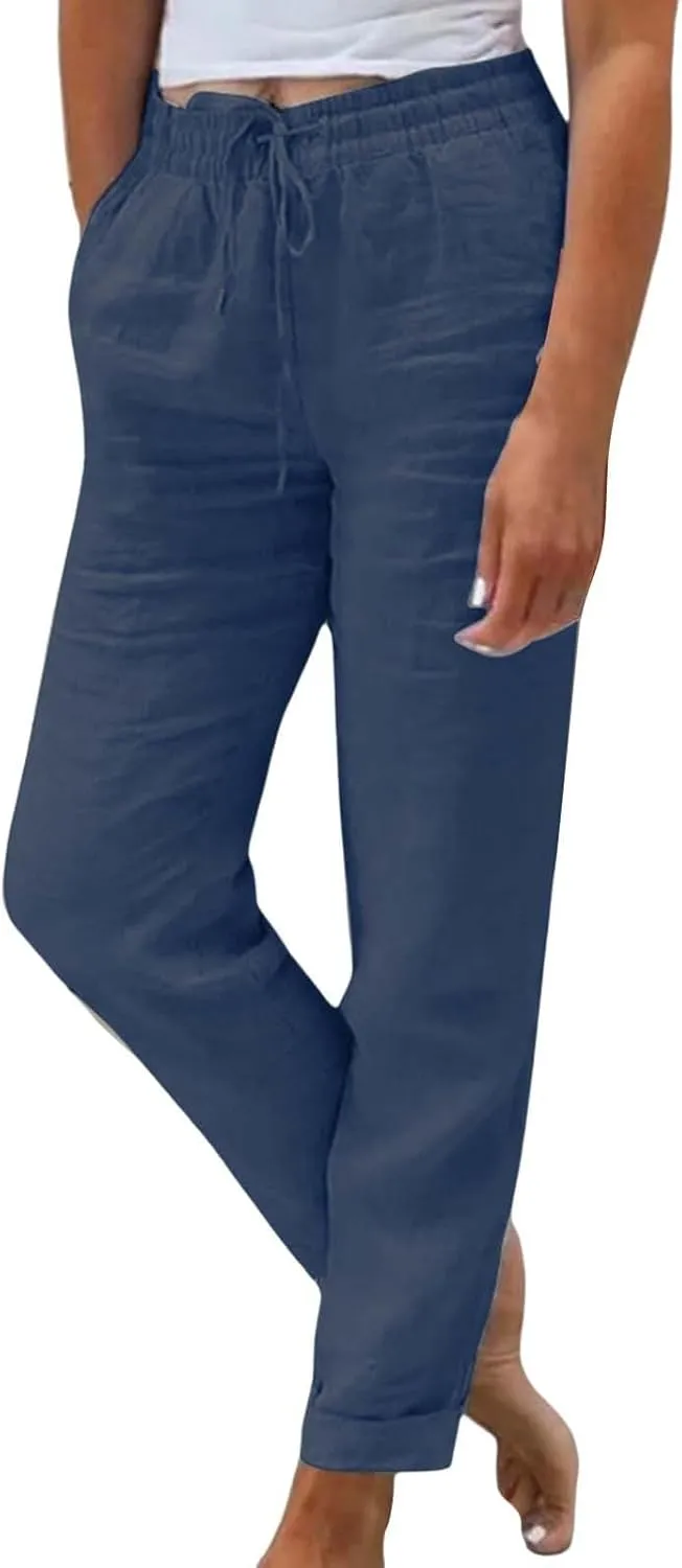 Womens Linen Pants Color Cotton Elastic Long Pants Beach Leisure Trousers Linen Business Work Casual Flowy