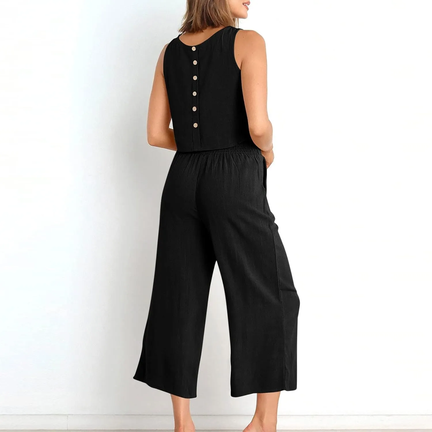 Women's Linen Sets 2 Piece Outfits Summer Sleeveless Tank Tops Wide Leg Capri Pants Linen Lounge Beach Travel Sets