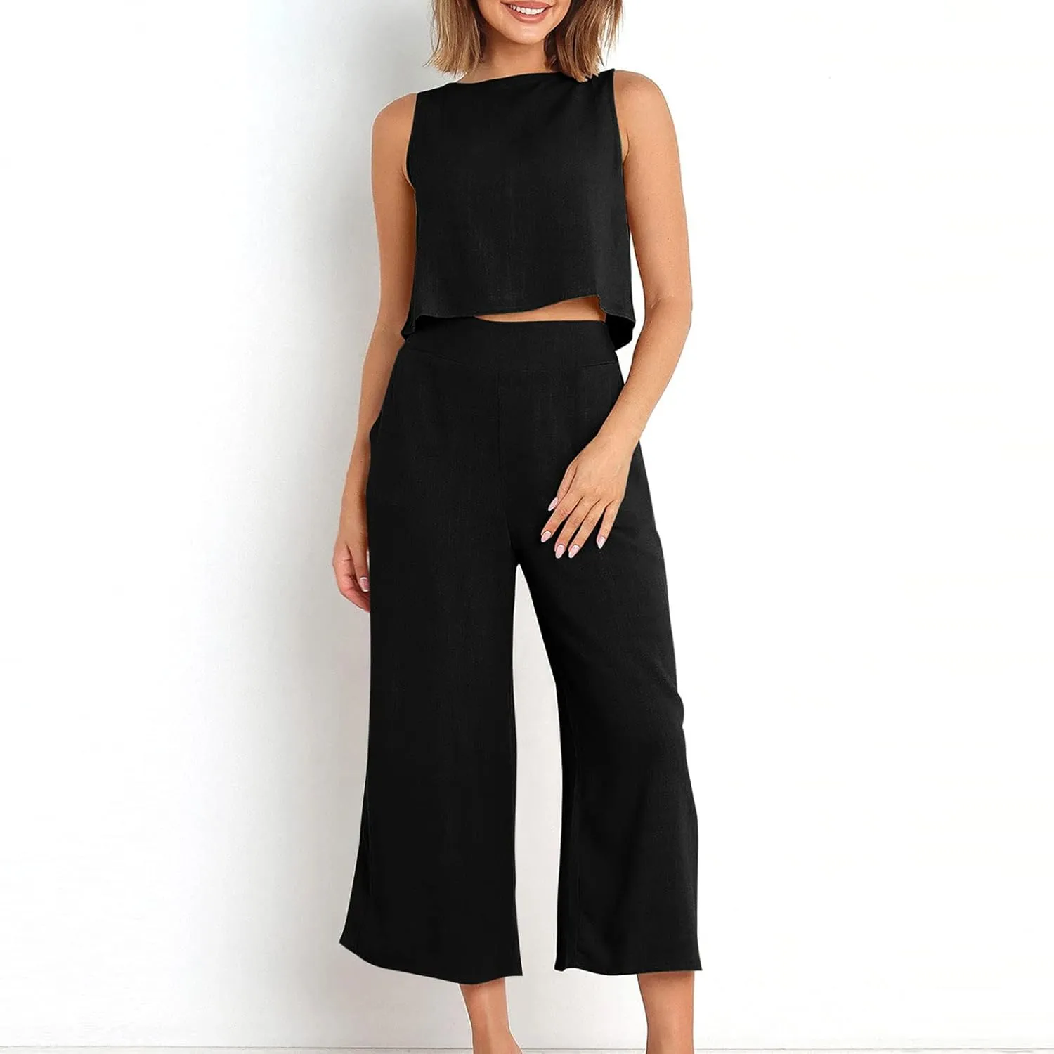 Women's Linen Sets 2 Piece Outfits Summer Sleeveless Tank Tops Wide Leg Capri Pants Linen Lounge Beach Travel Sets