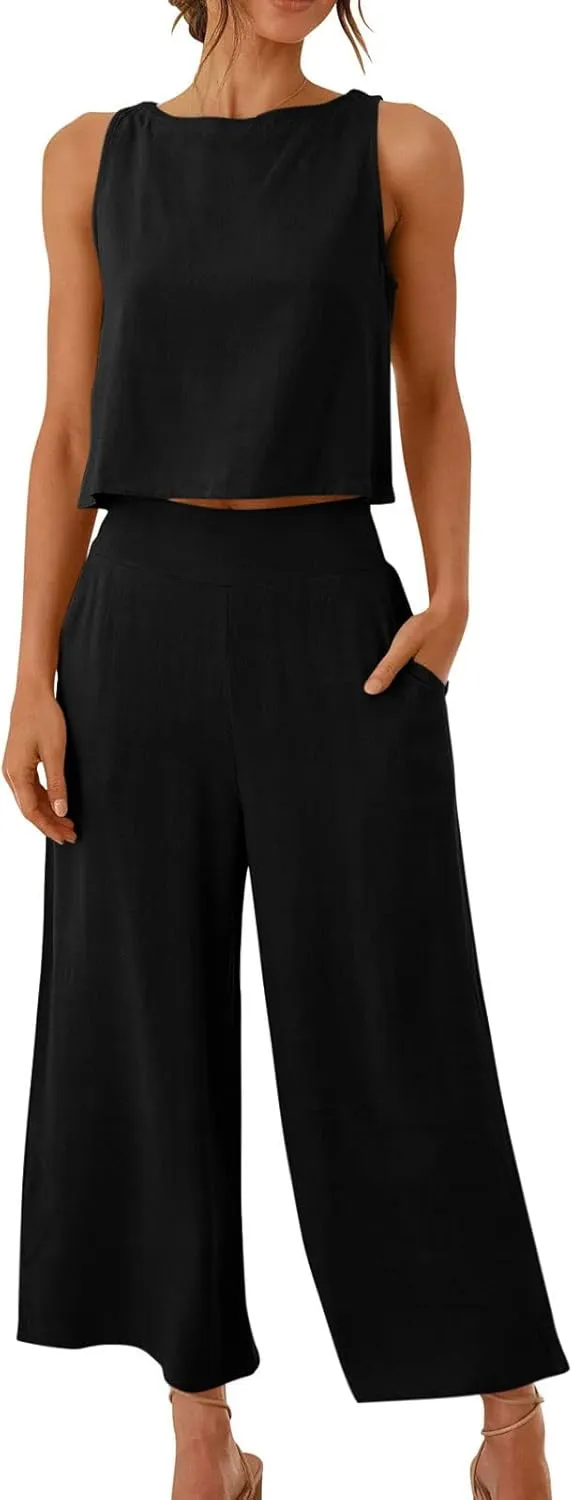 Women's Linen Sets 2 Piece Outfits Summer Sleeveless Tank Tops Wide Leg Capri Pants Linen Lounge Beach Travel Sets