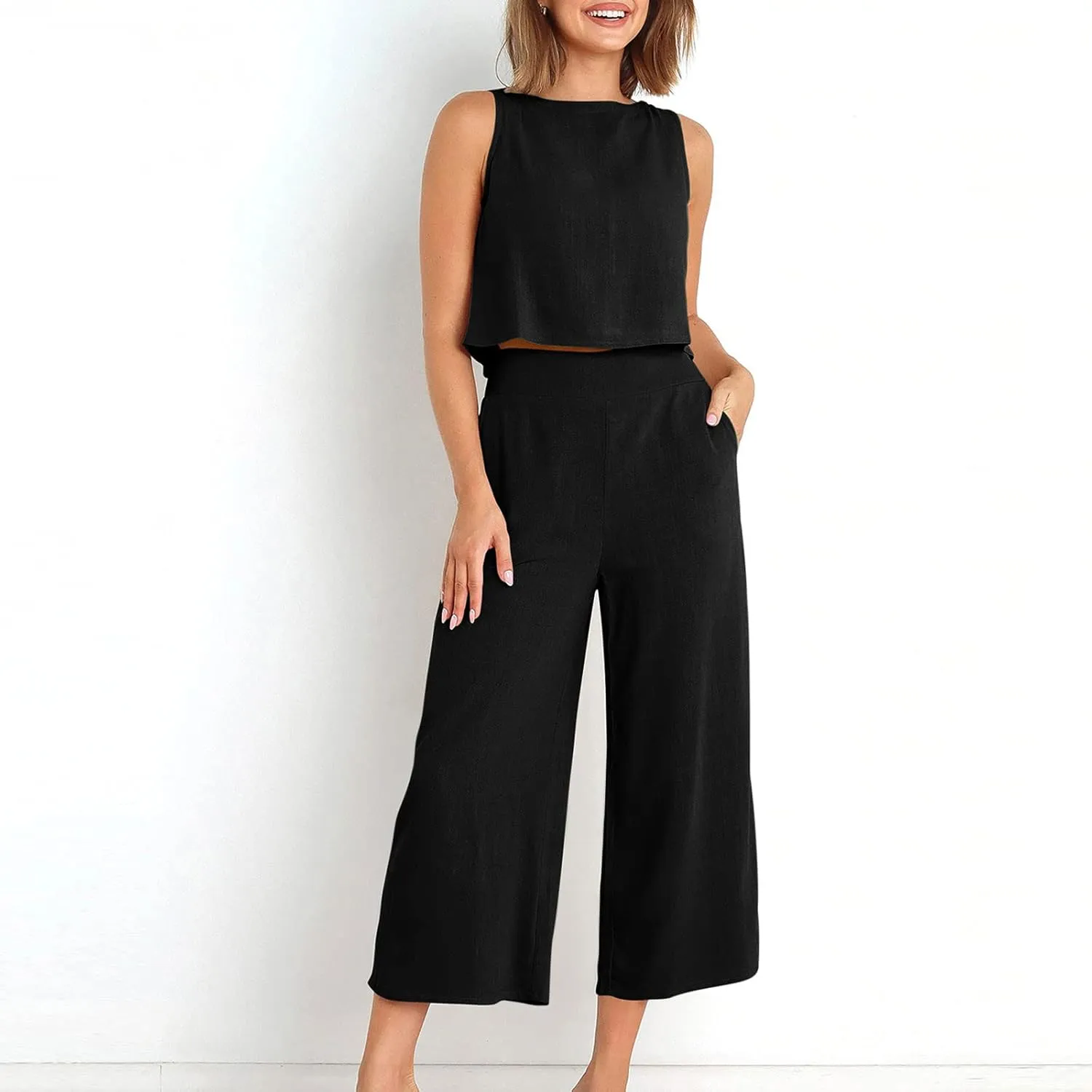 Women's Linen Sets 2 Piece Outfits Summer Sleeveless Tank Tops Wide Leg Capri Pants Linen Lounge Beach Travel Sets