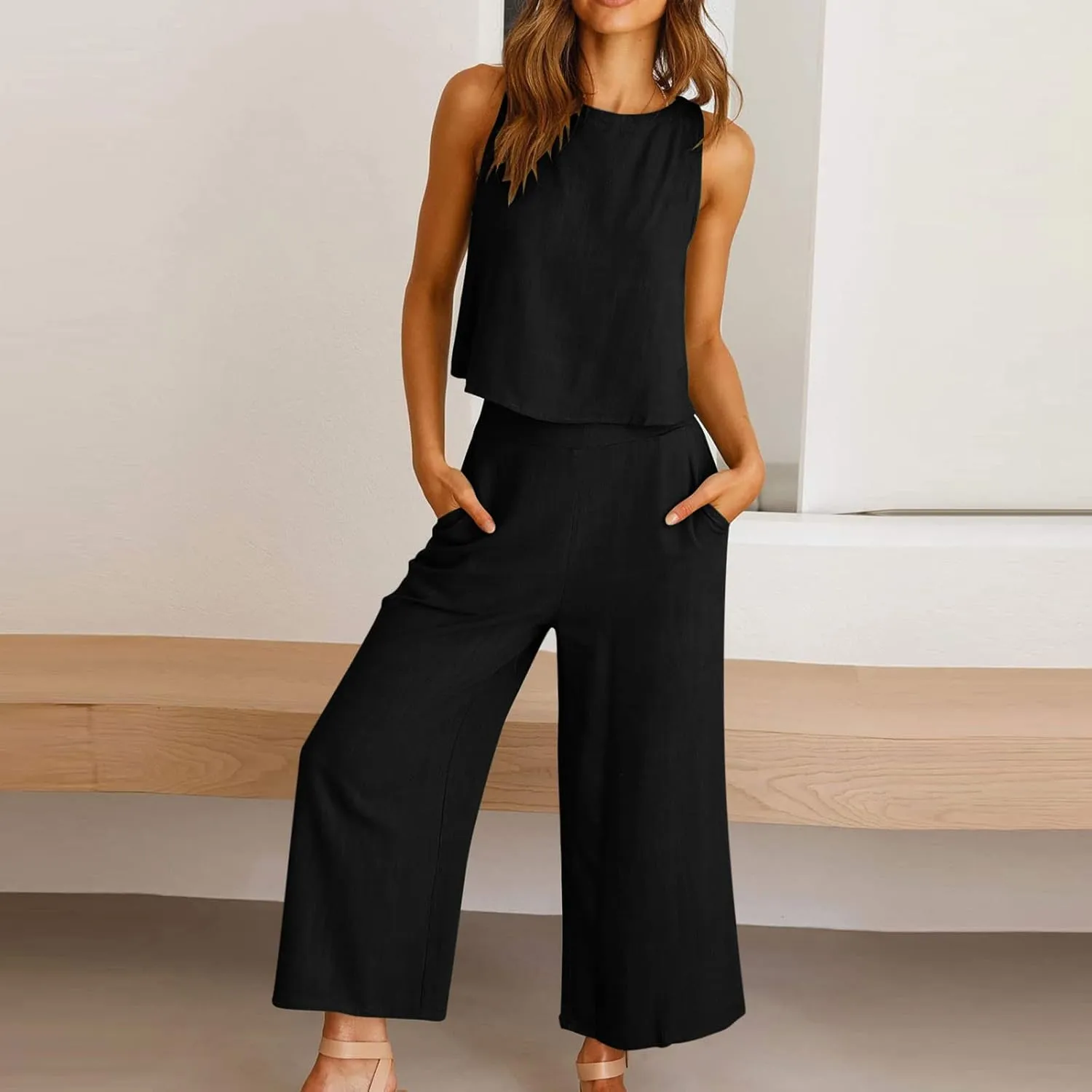 Women's Linen Sets 2 Piece Outfits Summer Sleeveless Tank Tops Wide Leg Capri Pants Linen Lounge Beach Travel Sets