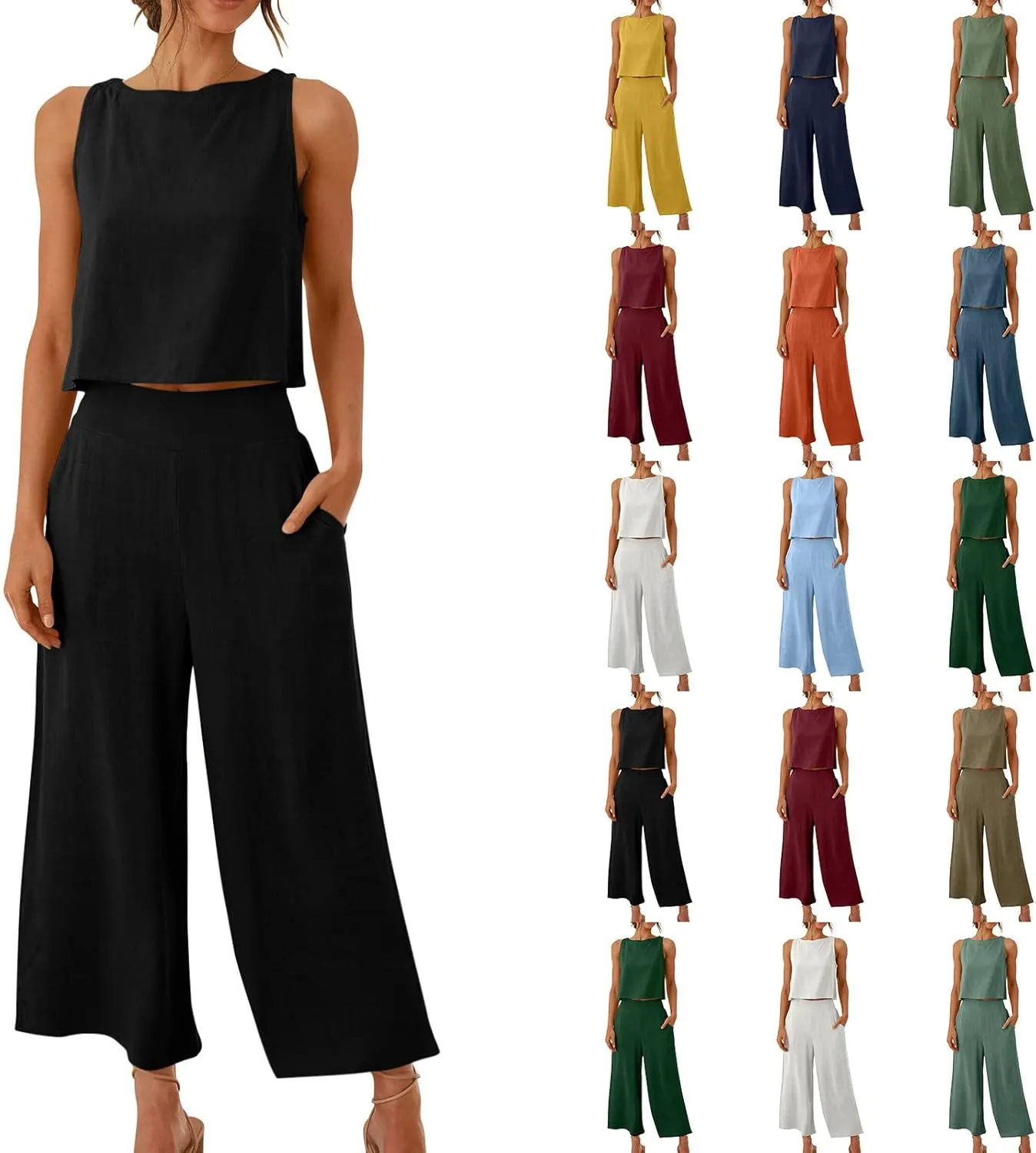 Women's Linen Sets 2 Piece Outfits Summer Sleeveless Tank Tops Wide Leg Capri Pants Linen Lounge Beach Travel Sets