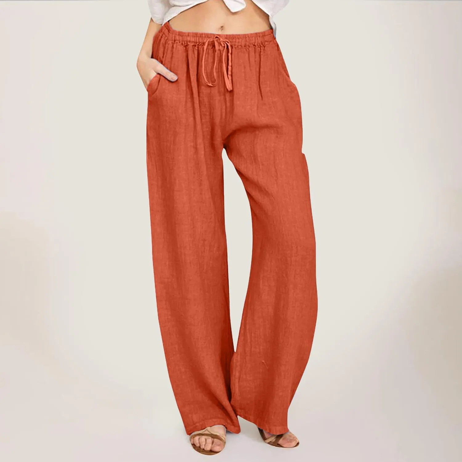 Womens Linen Summer Palazzo Pant Flowy Wide Leg Beach Pants High Waisted Casual Trousers with Pockets