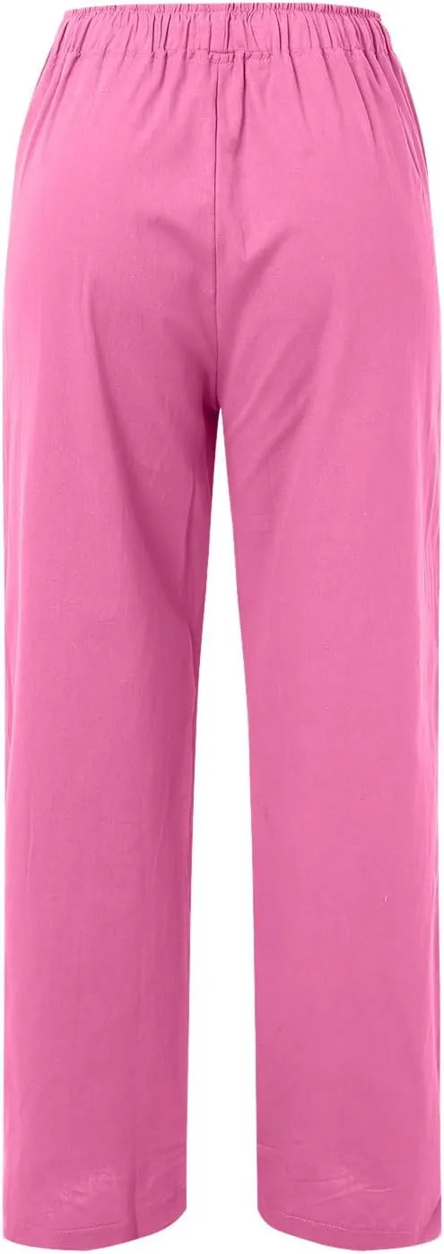 Womens Linen Summer Palazzo Pant Flowy Wide Leg Beach Pants High Waisted Casual Trousers with Pockets