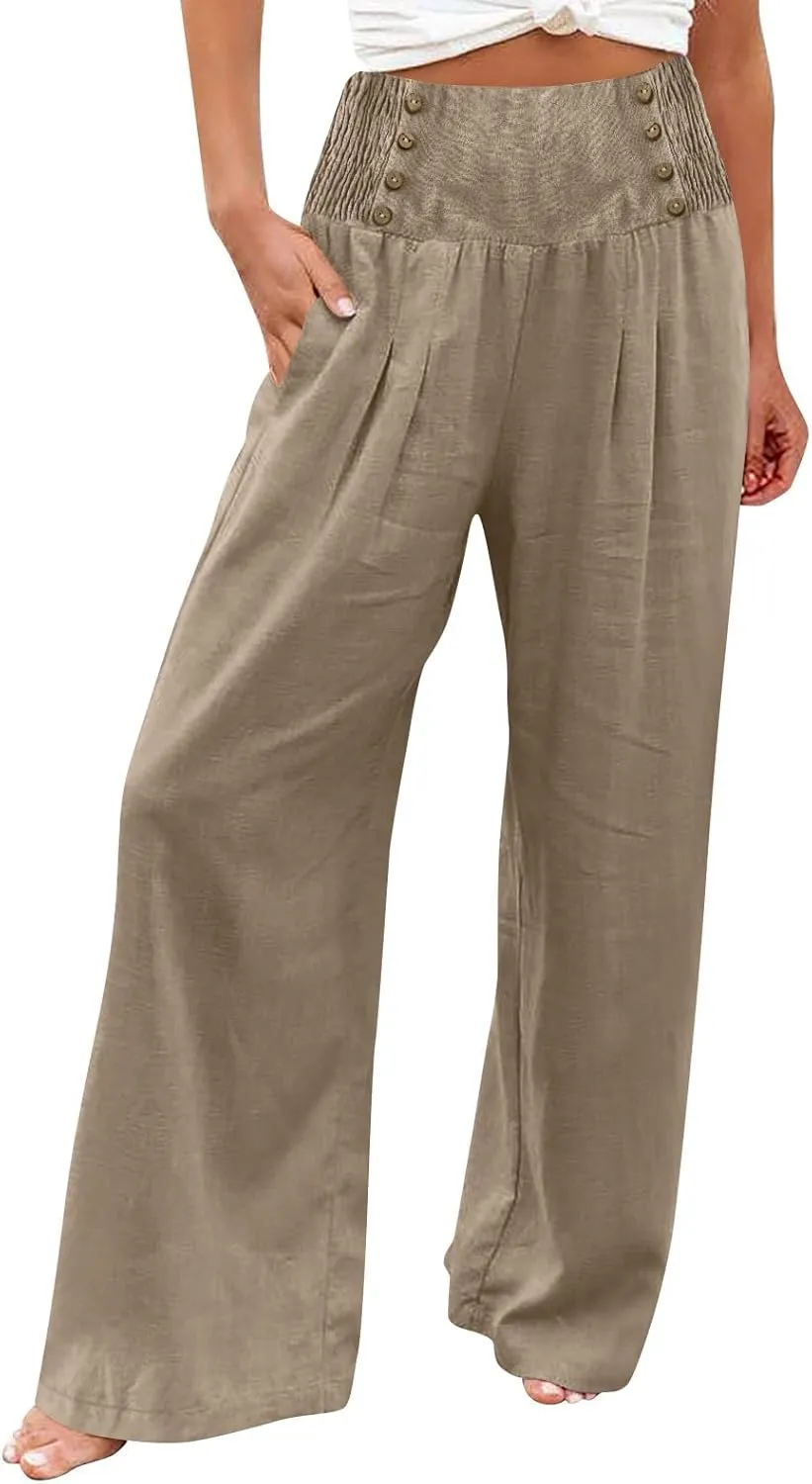 Womens Linen Summer Palazzo Pant Flowy Wide Leg Beach Pants High Waisted Casual Trousers with Pockets
