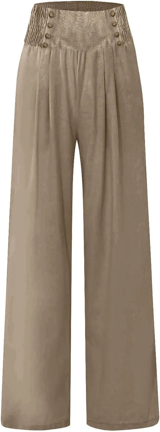 Womens Linen Summer Palazzo Pant Flowy Wide Leg Beach Pants High Waisted Casual Trousers with Pockets