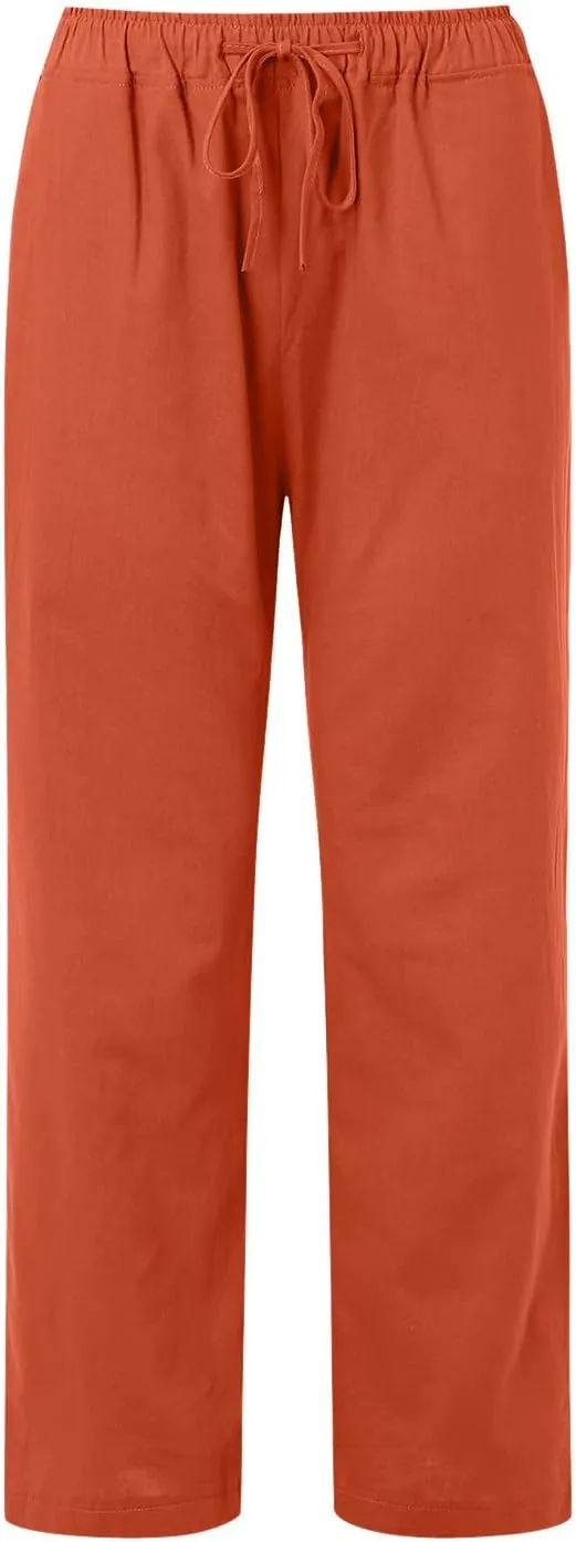 Womens Linen Summer Palazzo Pant Flowy Wide Leg Beach Pants High Waisted Casual Trousers with Pockets