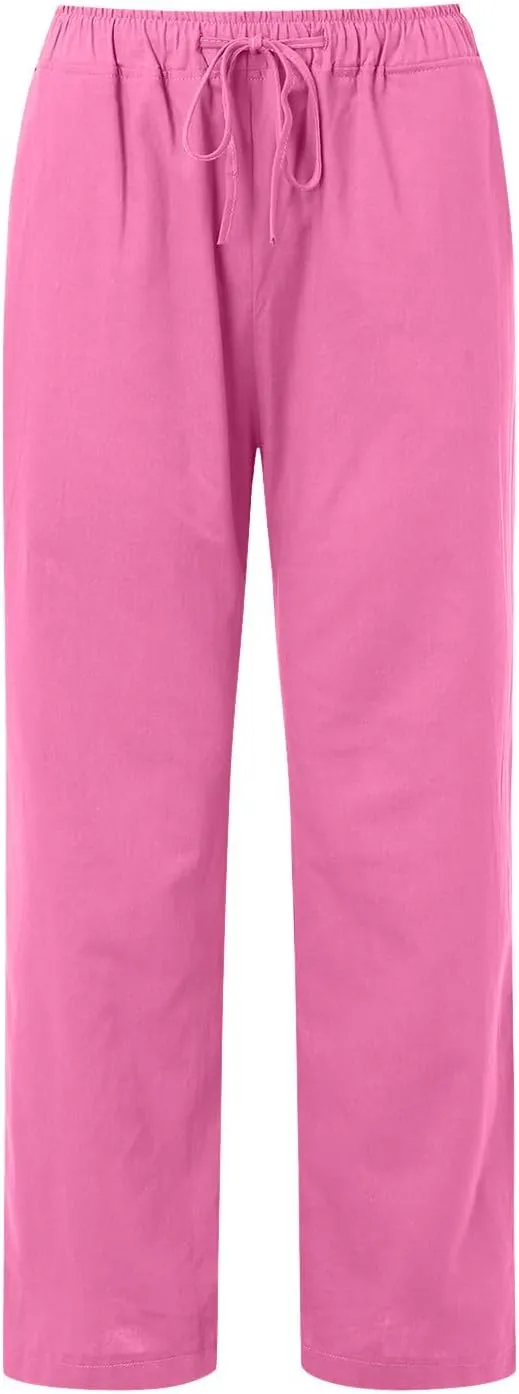 Womens Linen Summer Palazzo Pant Flowy Wide Leg Beach Pants High Waisted Casual Trousers with Pockets