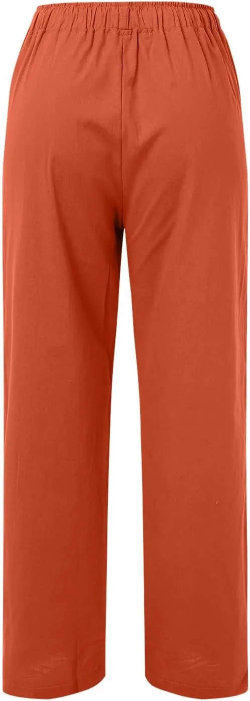 Womens Linen Summer Palazzo Pant Flowy Wide Leg Beach Pants High Waisted Casual Trousers with Pockets