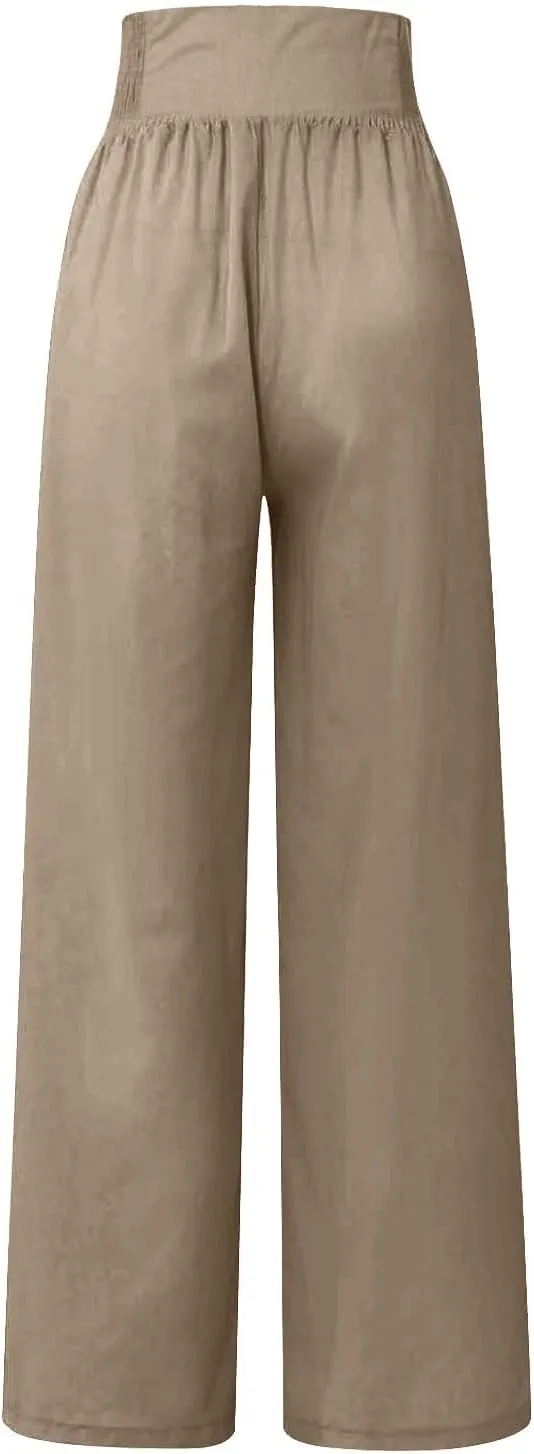 Womens Linen Summer Palazzo Pant Flowy Wide Leg Beach Pants High Waisted Casual Trousers with Pockets