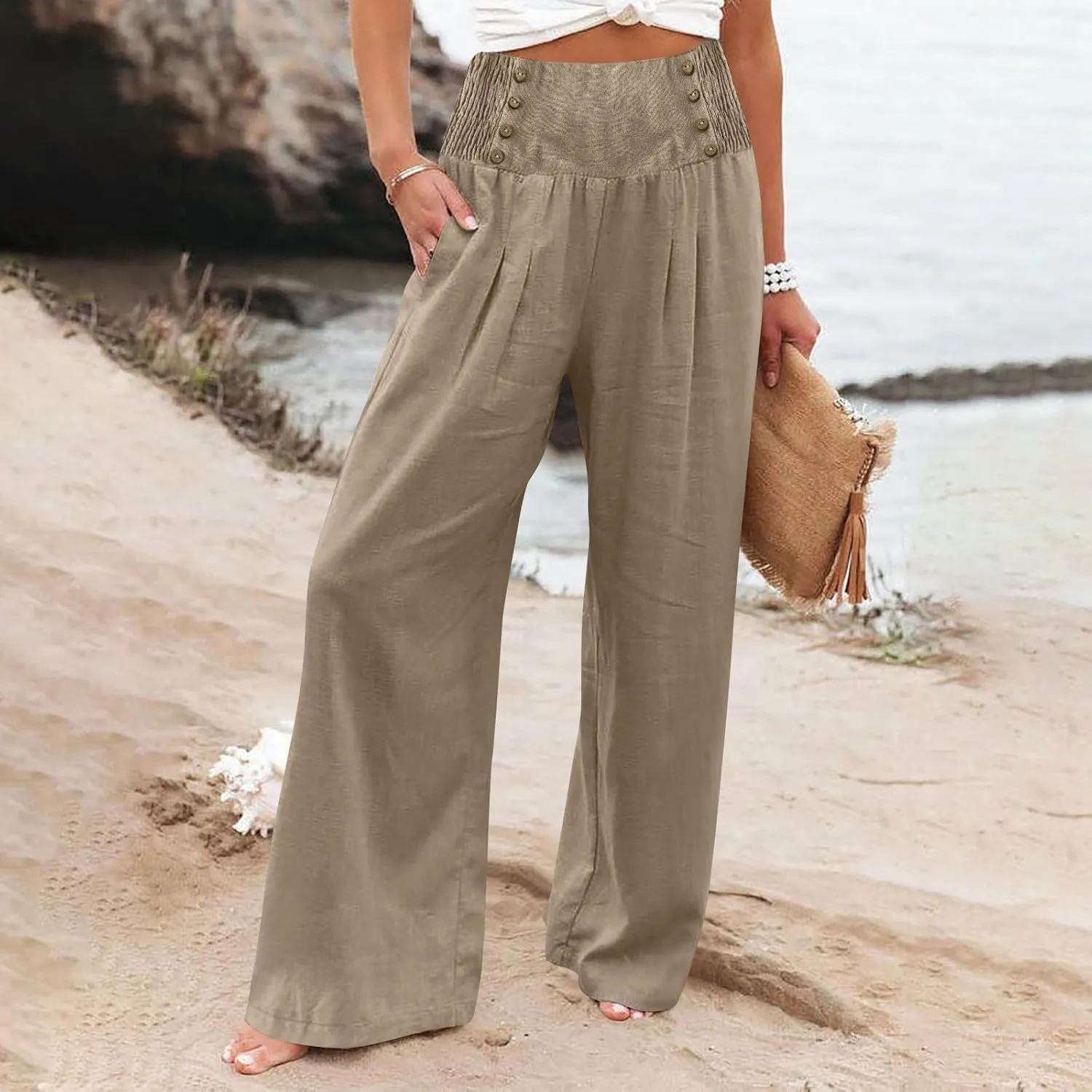 Womens Linen Summer Palazzo Pant Flowy Wide Leg Beach Pants High Waisted Casual Trousers with Pockets