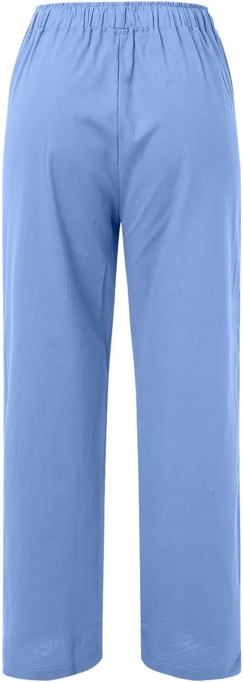 Womens Linen Summer Palazzo Pant Flowy Wide Leg Beach Pants High Waisted Casual Trousers with Pockets